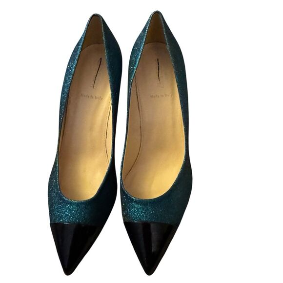 J CREW Teal Black Glitter Sparkles Captoe Heel Size 10 Pump Holiday Shoe - Picture 3 of 13